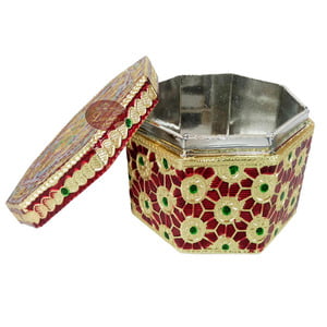 Octagonal Shaped Handmade Meenakari Dry Fruit Box - Red (4" X 4" X 2.25" Inches)